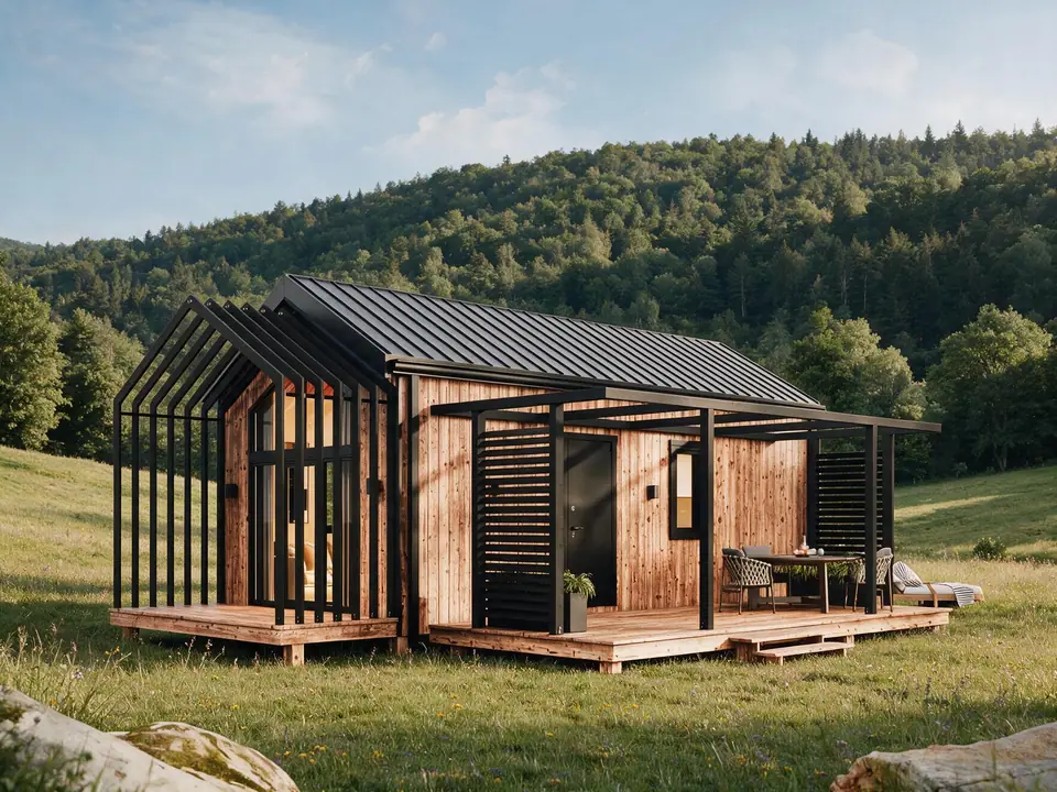 Tiny House mit Holzterrasse auf einer Wiese, bewaldete Hügel im Hintergrund. Visualisierung eines Beispielhauses
