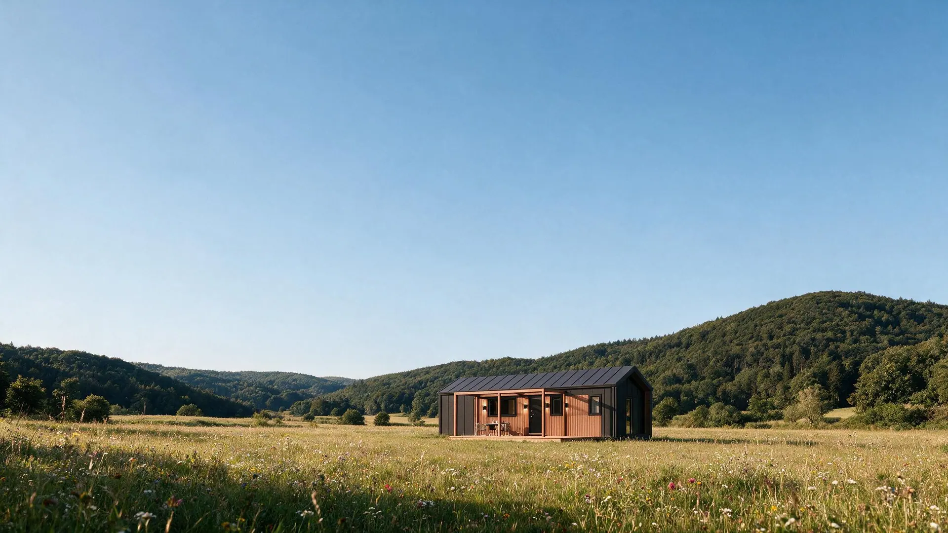 Fertig aufgestelltes Modulhaus auf einer Wiese, Visualisierung