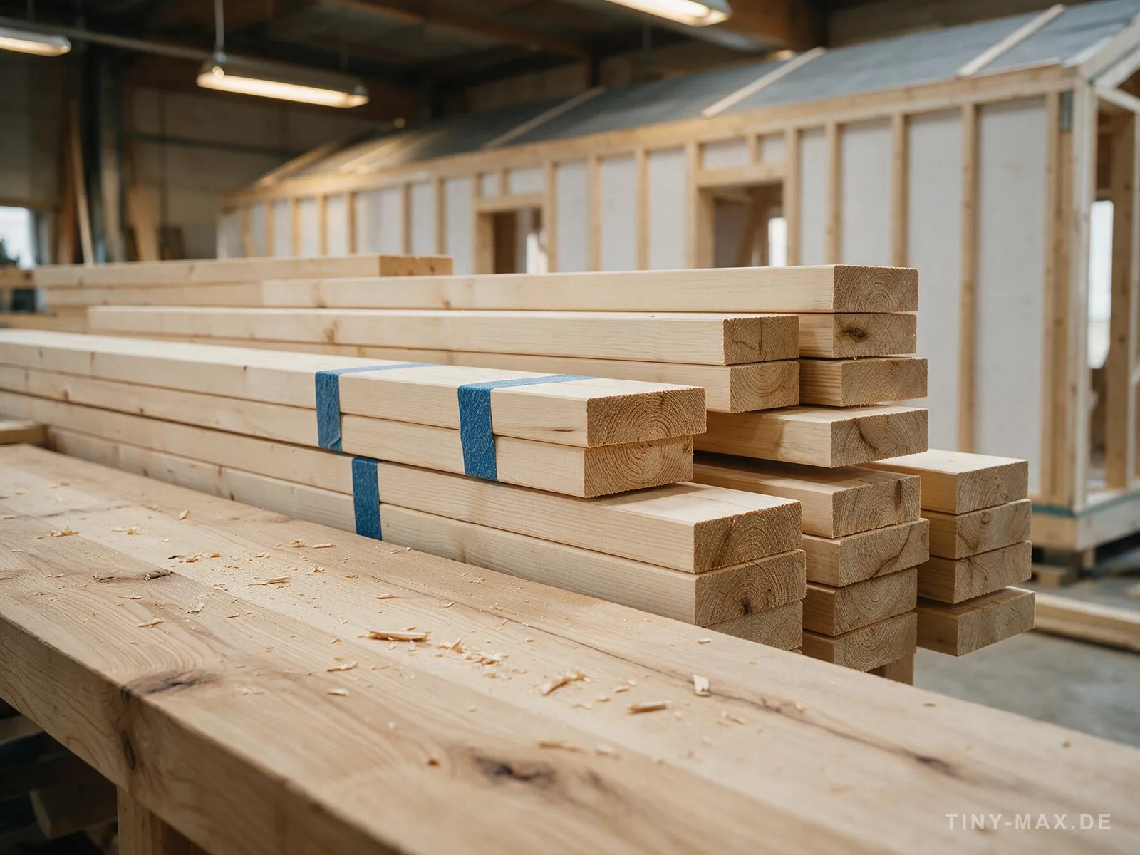 Vorgefertigte Wandtafel und Konstruktionsvollholz in der Fertigung