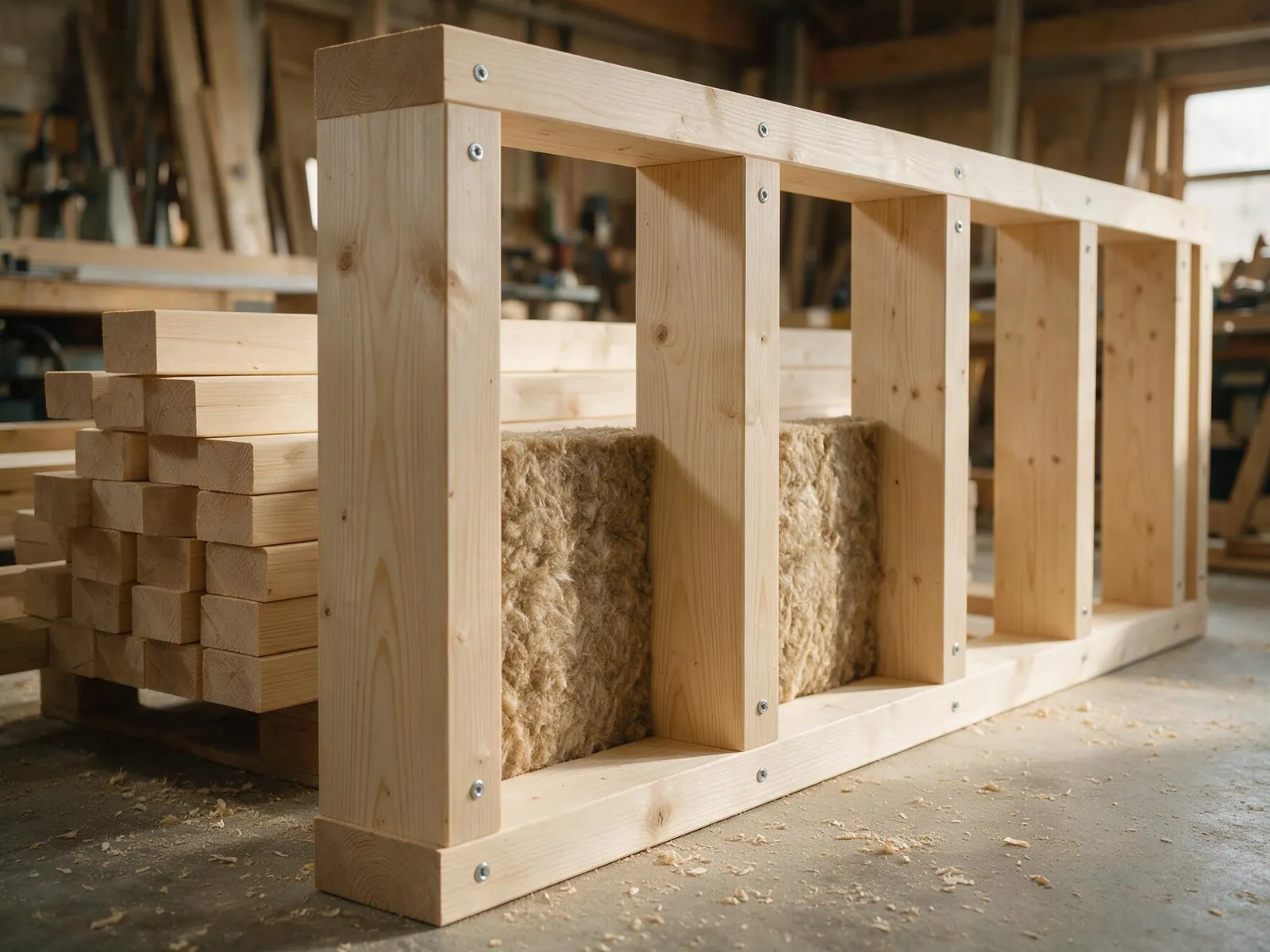 Vorgefertigte Wandtafel mit eingelegter Dämmung in der Fertigung eines Herstellers
