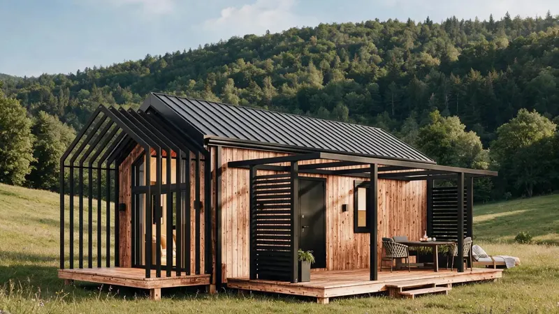 Kamerafahrt auf ein Tiny House mit Holzterrasse auf einer Wiese, bewaldete Hügel im Hintergrund. Visualisierung